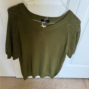 Olive V-Neck Sweater with Crochet Sleeves